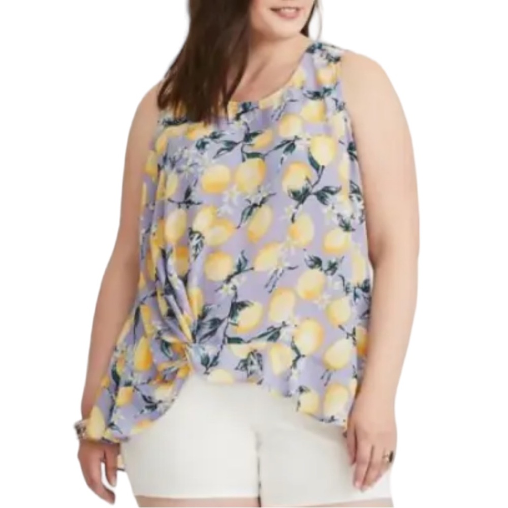 Torrid Lemon Print Sheer Sleeveless Twist Front Top size 1/1X